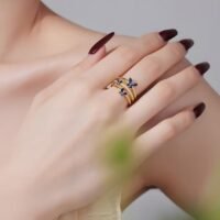 Blue CZ Butterfly Ring Cubic Zirconia Non Tarnish 14K Gold Plated - Image 2
